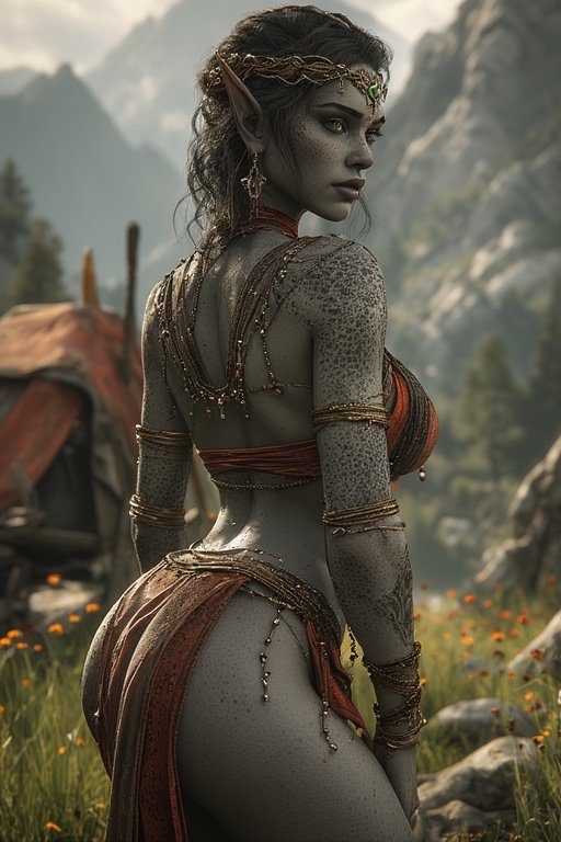 A fantasy elf woman with grey skin and pointed ears, wearing tribal-inspired attire, poses outdoors in a mountainous landscape.