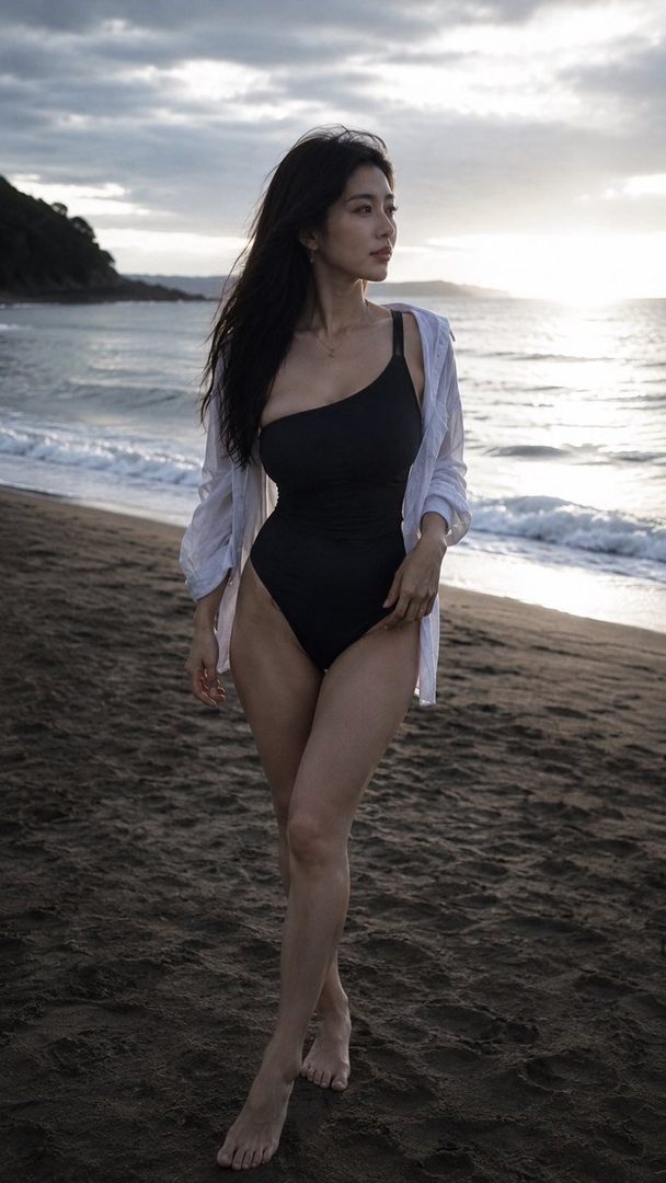 A woman with long black hair stands on a sandy beach at sunset, wearing a black one-piece swimsuit and a white sheer shirt.