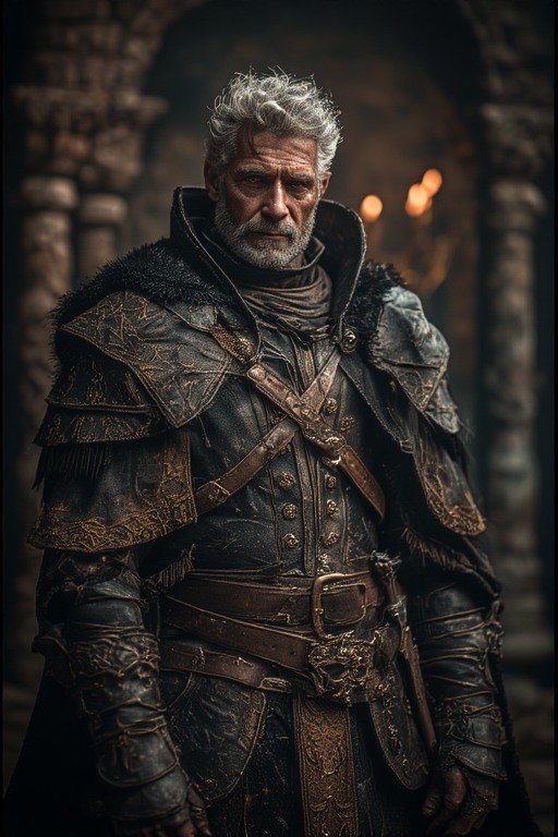 A photorealistic portrait of a grizzled, older man with white hair and a beard, wearing ornate leather armor and a fur-lined coat, standing in a dimly lit, ancient-looking interior.