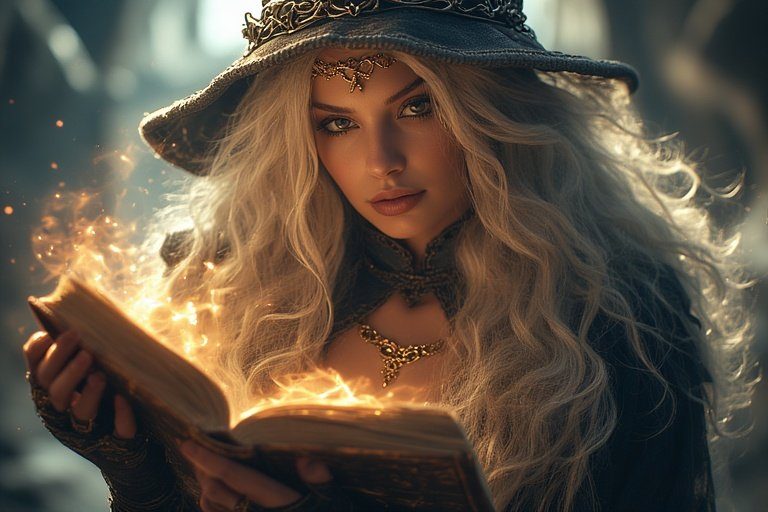 A beautiful blonde sorceress wearing a witch hat and ornate jewelry, reading a magical book that emits light and sparks.