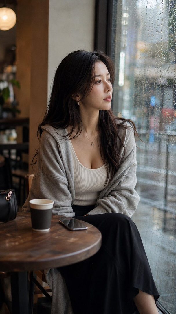 A young woman with long dark hair sits in a cafe, looking out a rainy window, wearing a grey hoodie and white tank top.
