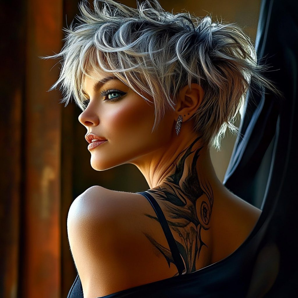 Photorealistic portrait of a beautiful woman with short, spiky white hair, looking to the side with striking blue eyes and intricate neck and shoulder tattoos.