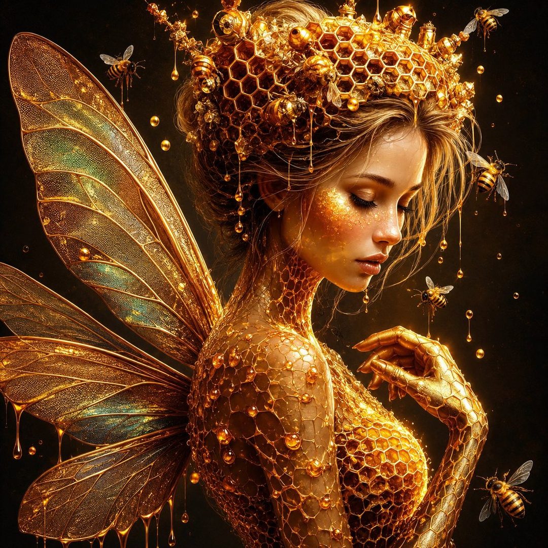A golden fairy queen with honeycomb armor and wings, surrounded by bees.