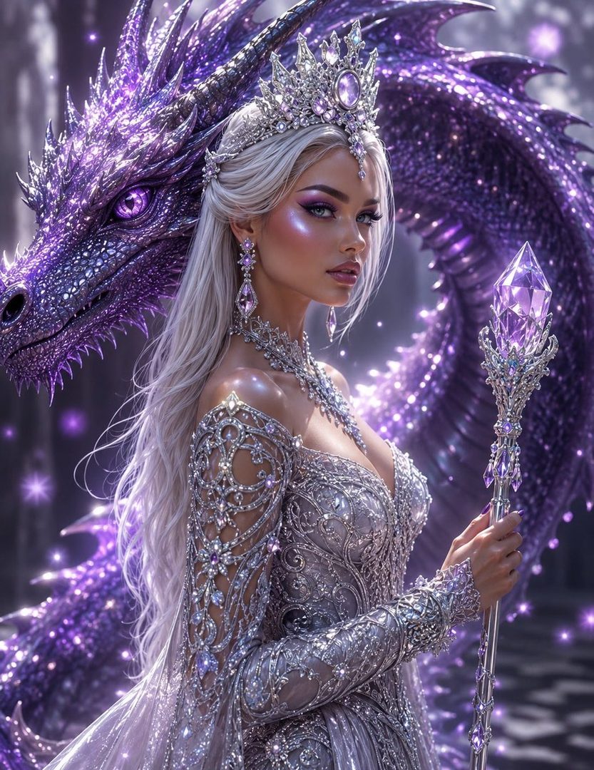 A beautiful blonde woman in a sparkling silver gown and crown, holding a crystal staff, stands next to a majestic purple dragon.