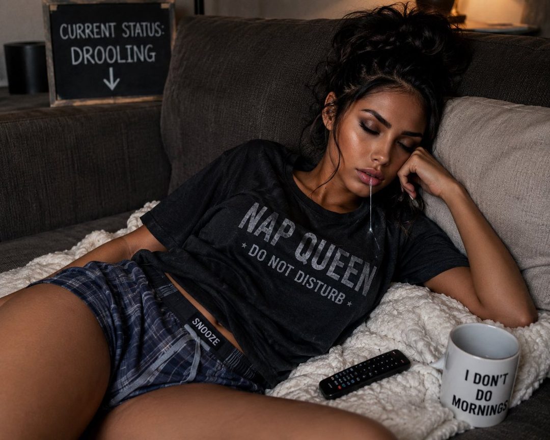 A young woman with her eyes closed, sleeping on a couch with drool coming from her mouth. She is wearing a t-shirt that says 'Nap Queen' and plaid shorts.