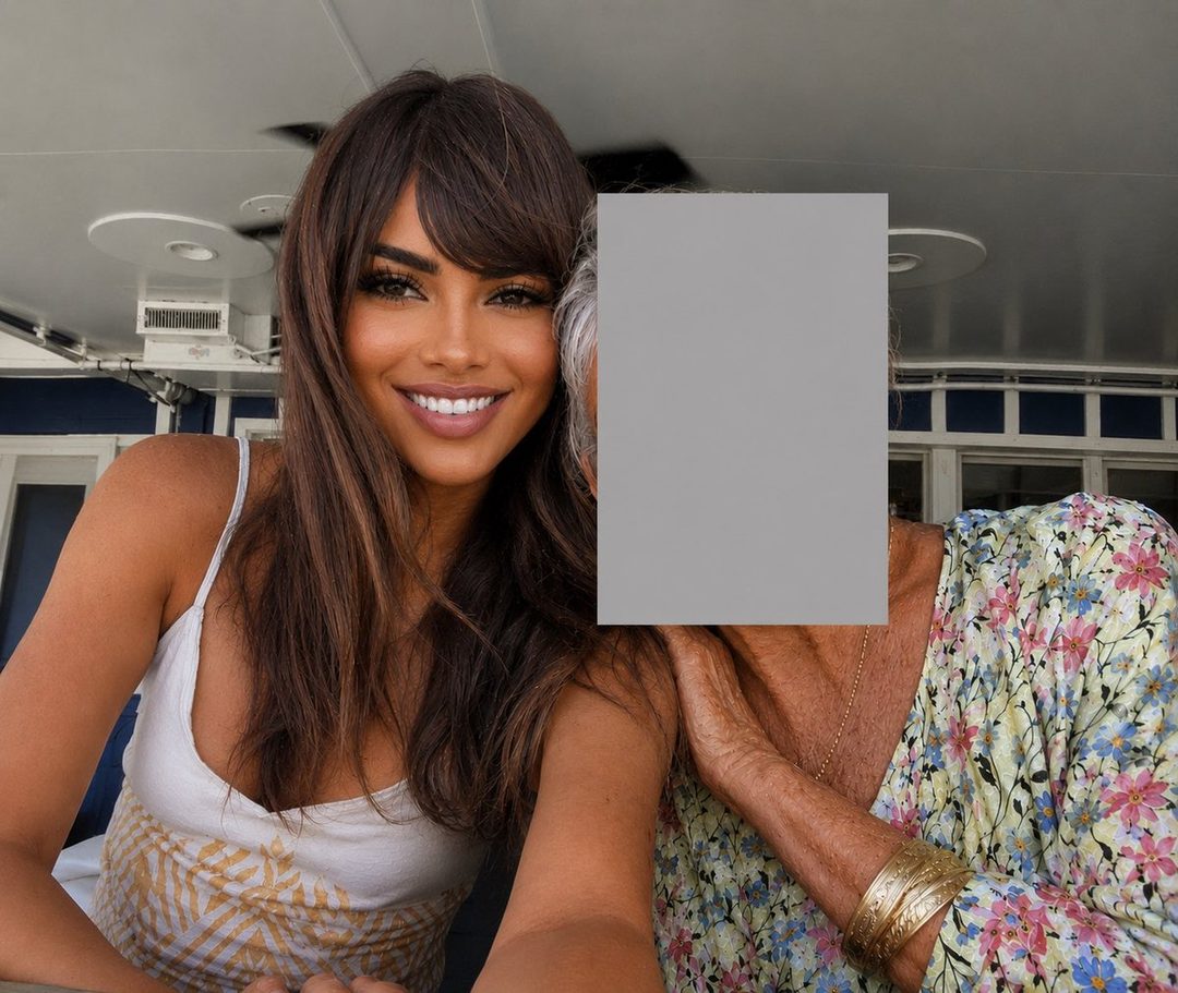 A young woman with long brown hair and bangs smiles brightly, posing for a selfie with an older woman whose face is obscured by a gray rectangle.