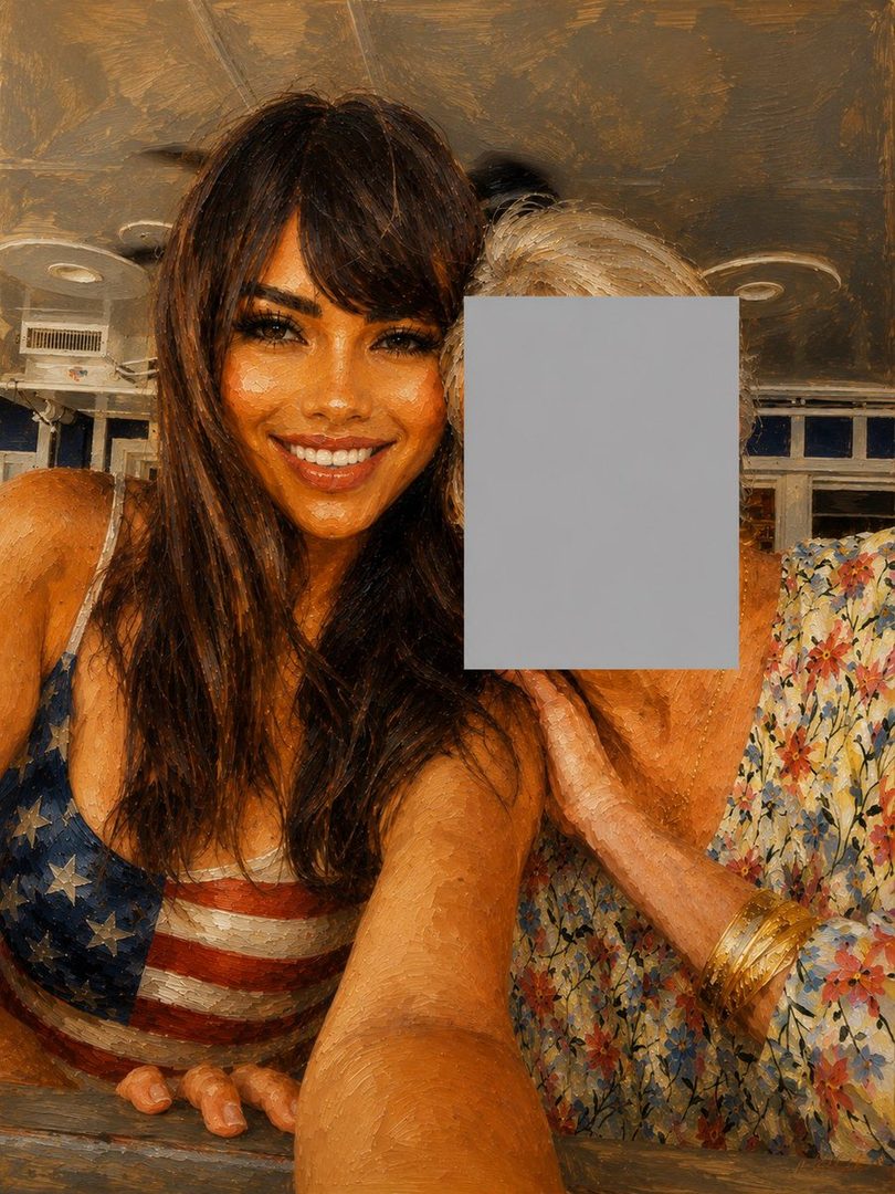 A smiling woman with long brown hair and bangs, wearing a USA flag-themed top, takes a selfie with another person whose face is obscured by a gray rectangle.