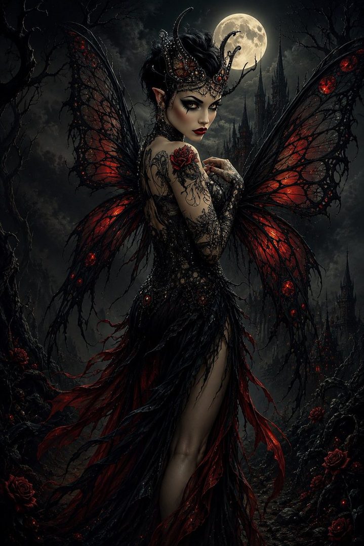 A dark fairy with intricate black and red wings and a gothic dress stands in a dark, moonlit forest with a castle in the background.