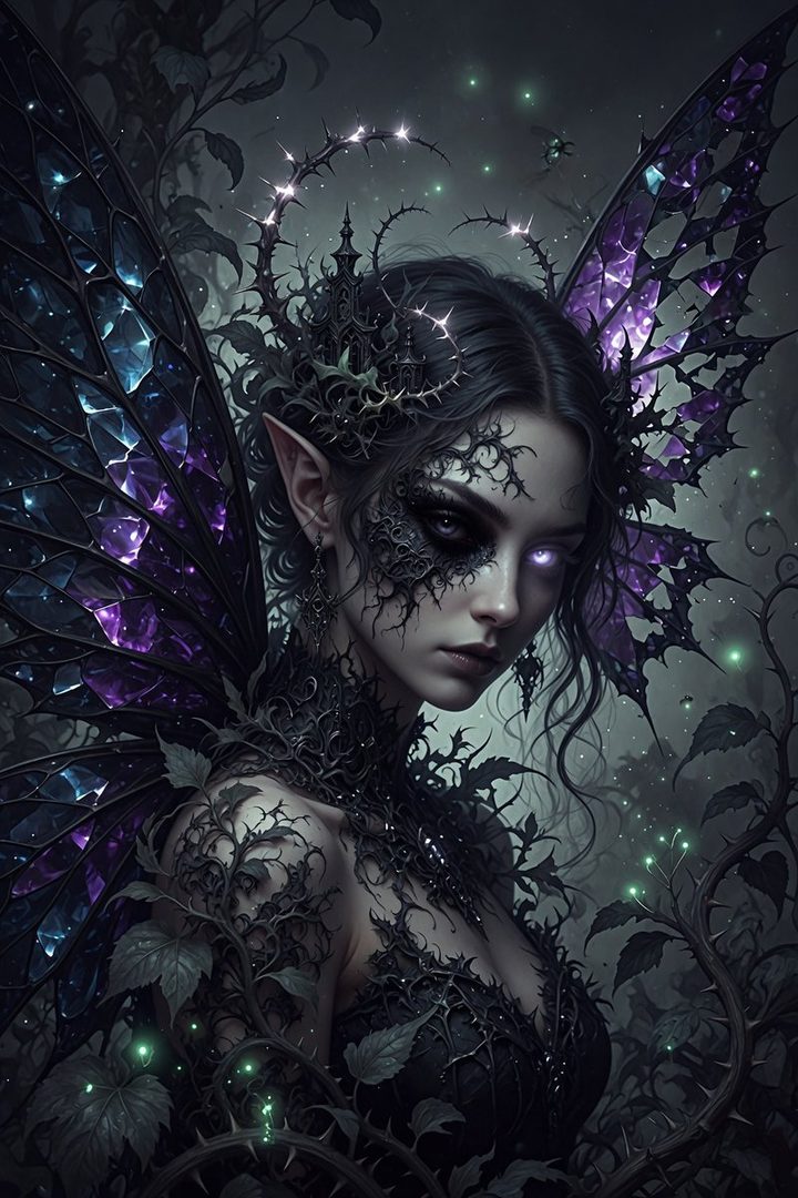 A dark fairy with intricate black thorny armor and iridescent purple wings, with glowing eyes, in a mystical forest setting.