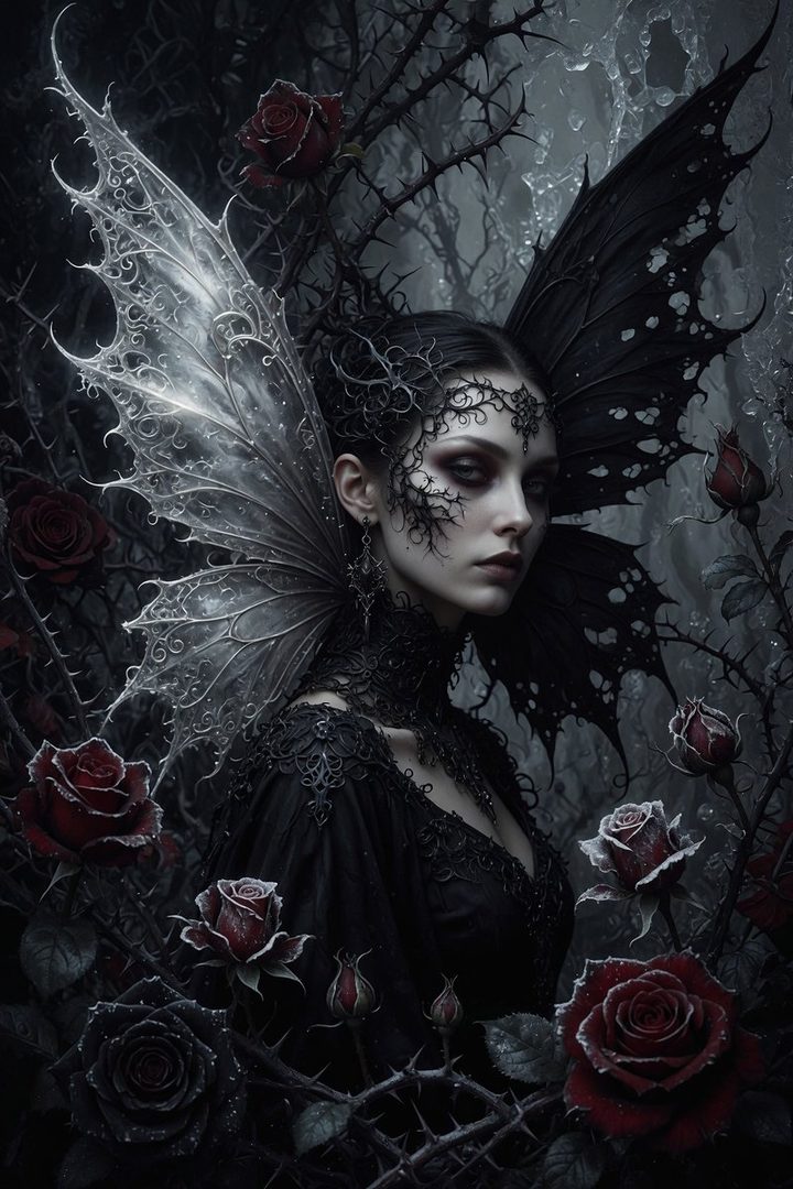 A dark fairy with intricate black lace adornments and large, detailed wings, surrounded by thorny red roses.