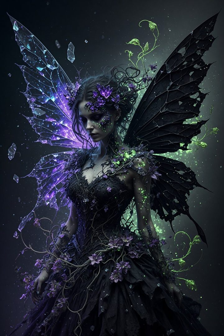 A dark fairy with intricate black and purple wings, adorned with flowers and glowing particles, poses elegantly in a dimly lit, mystical setting.