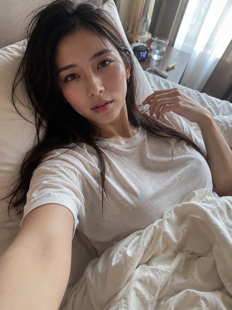 A woman with long dark hair lies in bed wearing a white t-shirt, looking directly at the camera.