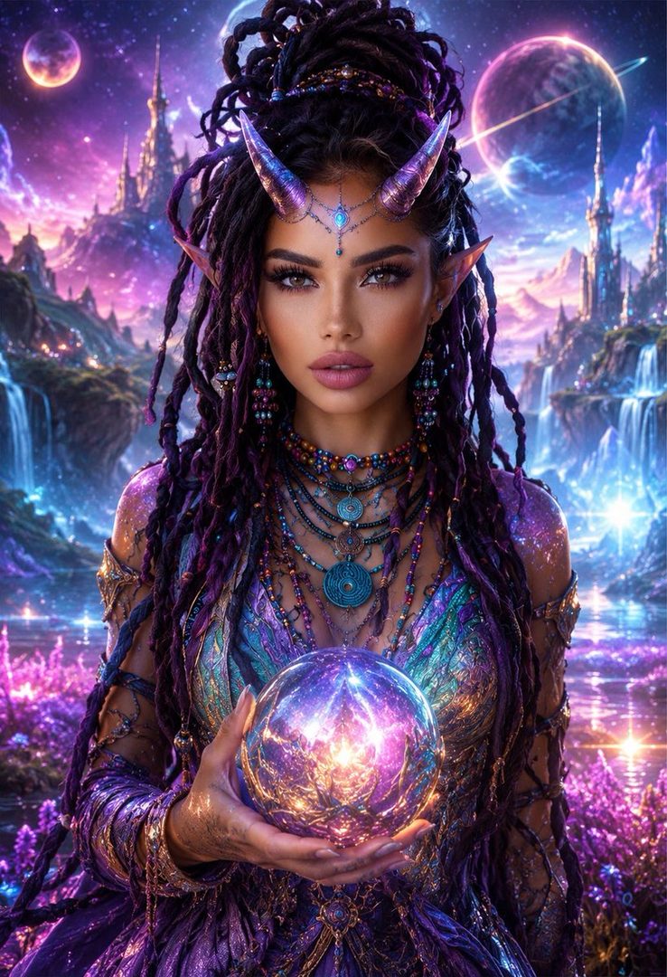 A fantasy portrait of a woman with horns and pointed ears, holding a glowing orb, with a magical landscape in the background.