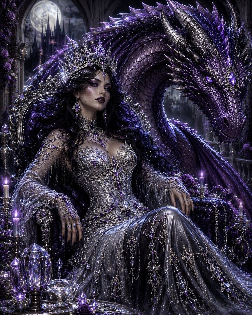 A regal woman in a jeweled gown and crown sits on a throne next to a large purple dragon, with a moonlit castle in the background.