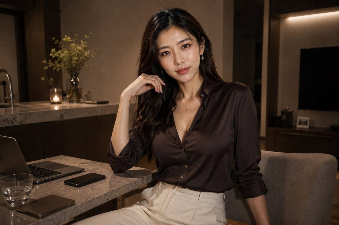 A woman with long dark hair wearing a brown satin shirt and light pants sits at a desk with a laptop and phone, looking at the camera.