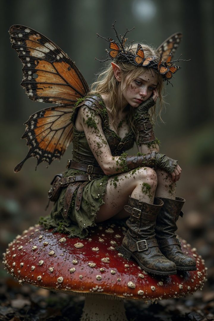 A young woman dressed as a forest fairy with butterfly wings sits on a large red mushroom in a forest.