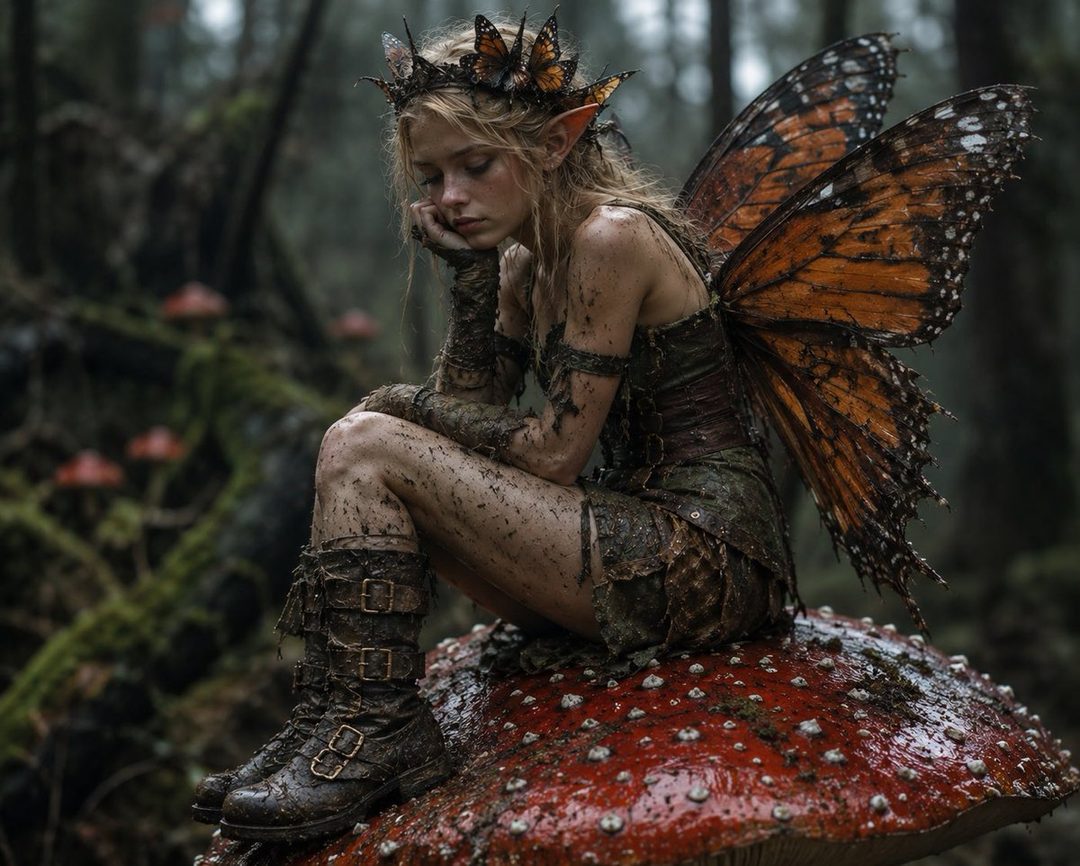 A young woman with butterfly wings and a crown sits on a mushroom in a dark, muddy forest.