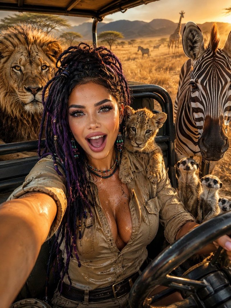 A woman with dreadlocks takes a selfie in a safari vehicle with a lion, a zebra, a baby lion, and meerkats.