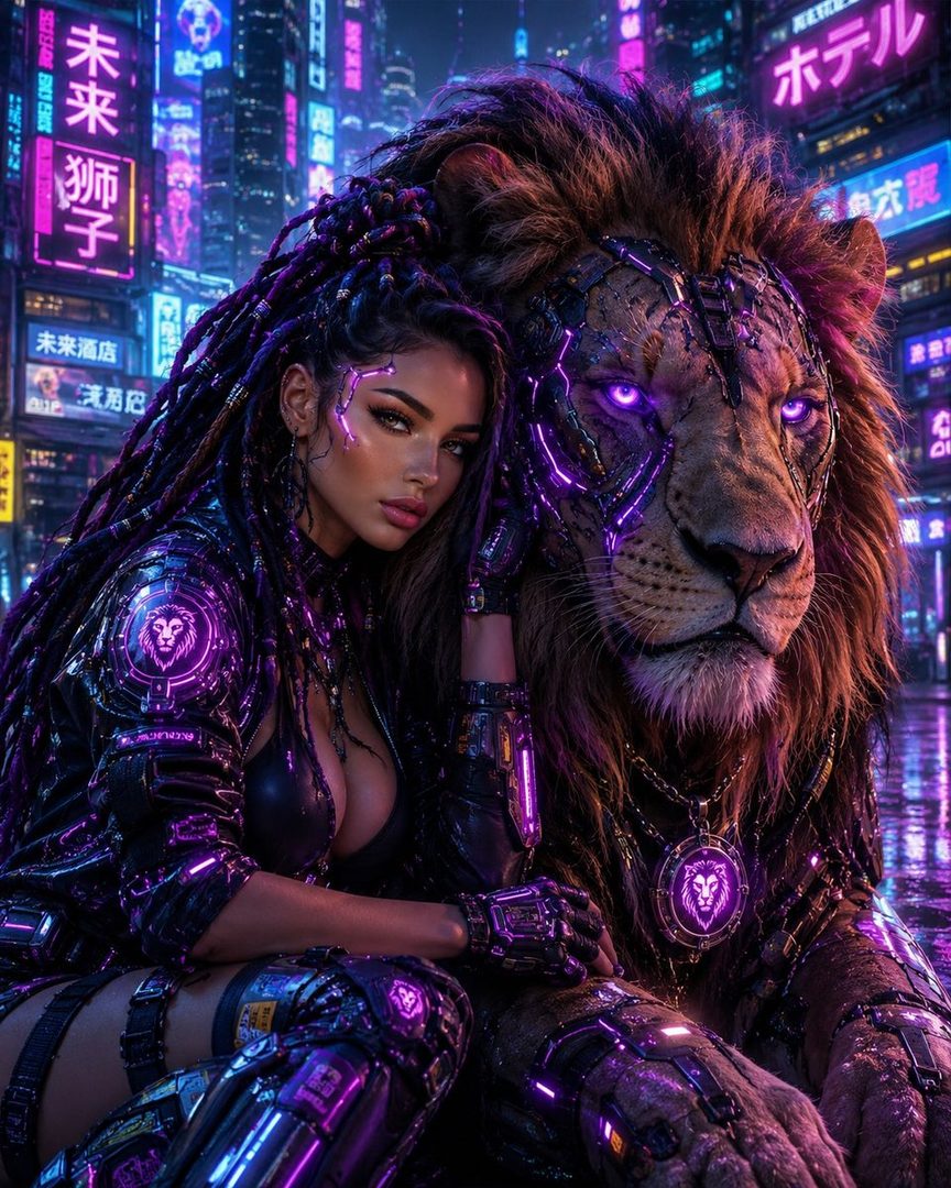 A woman with long dreadlocks and a cybernetic outfit poses with a cybernetic lion in a neon-lit city at night.