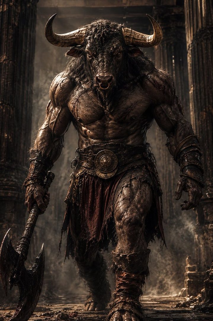 A photorealistic portrait of a muscular Minotaur holding an axe, standing in ancient ruins.