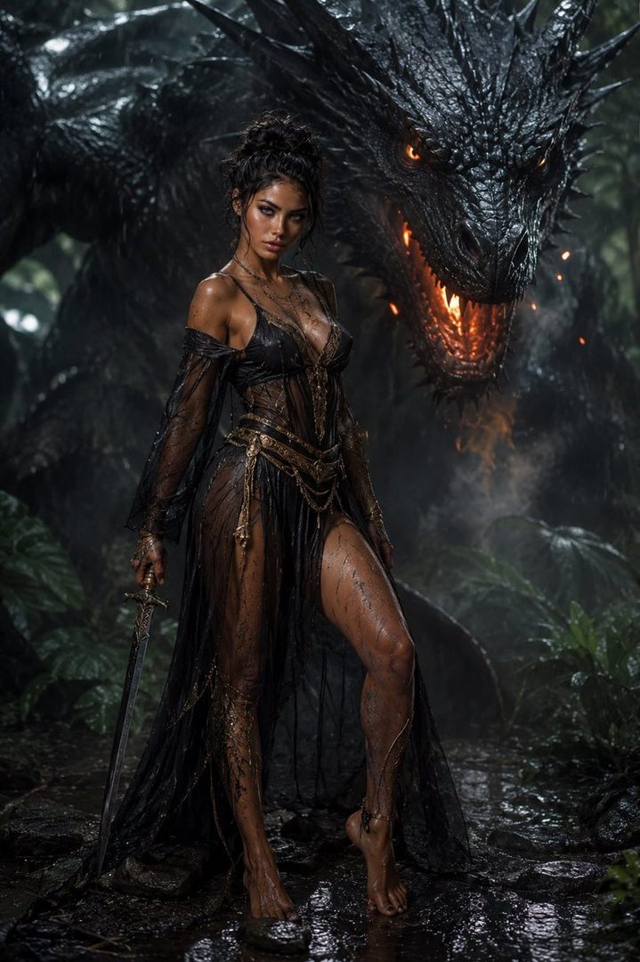 A woman in a sheer black dress stands beside a large black dragon in a dark, wet forest.