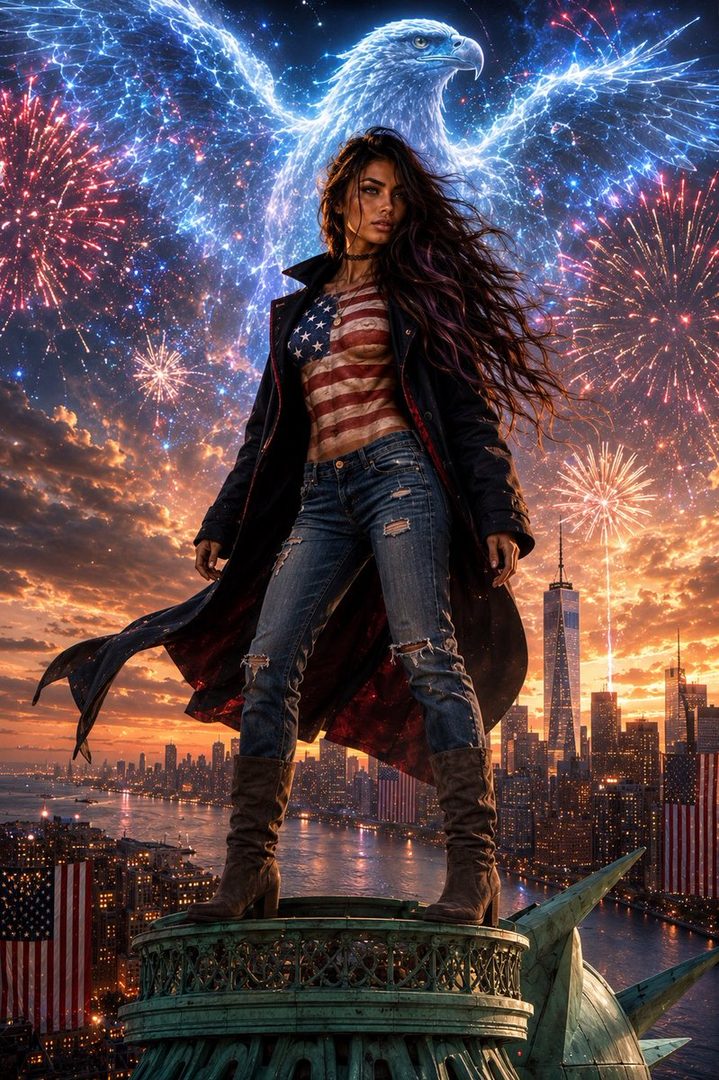 A woman with long, dark, wavy hair stands on a pedestal overlooking a city skyline at night, with fireworks and a glowing eagle in the background.