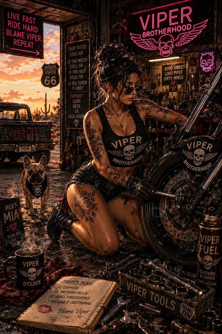 A tattooed woman in a tank top and shorts works on a motorcycle in a gritty garage, with a French bulldog by her side.
