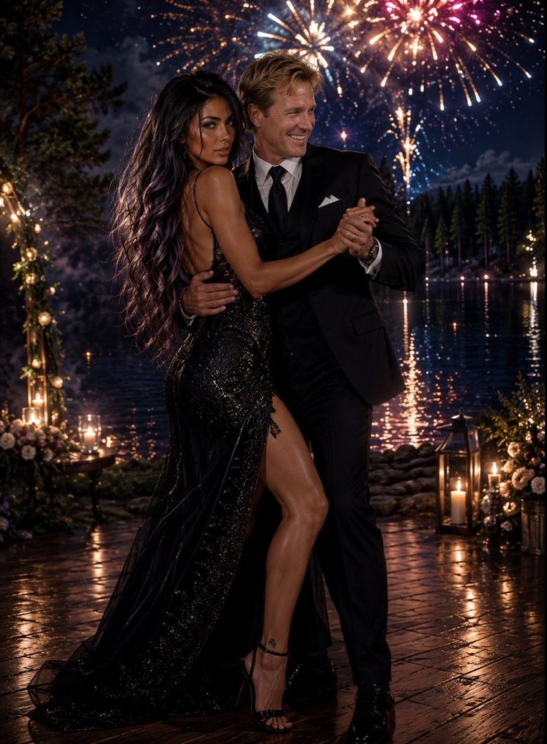 A couple dances romantically outdoors at night with fireworks in the sky and fairy lights decorating the scene.