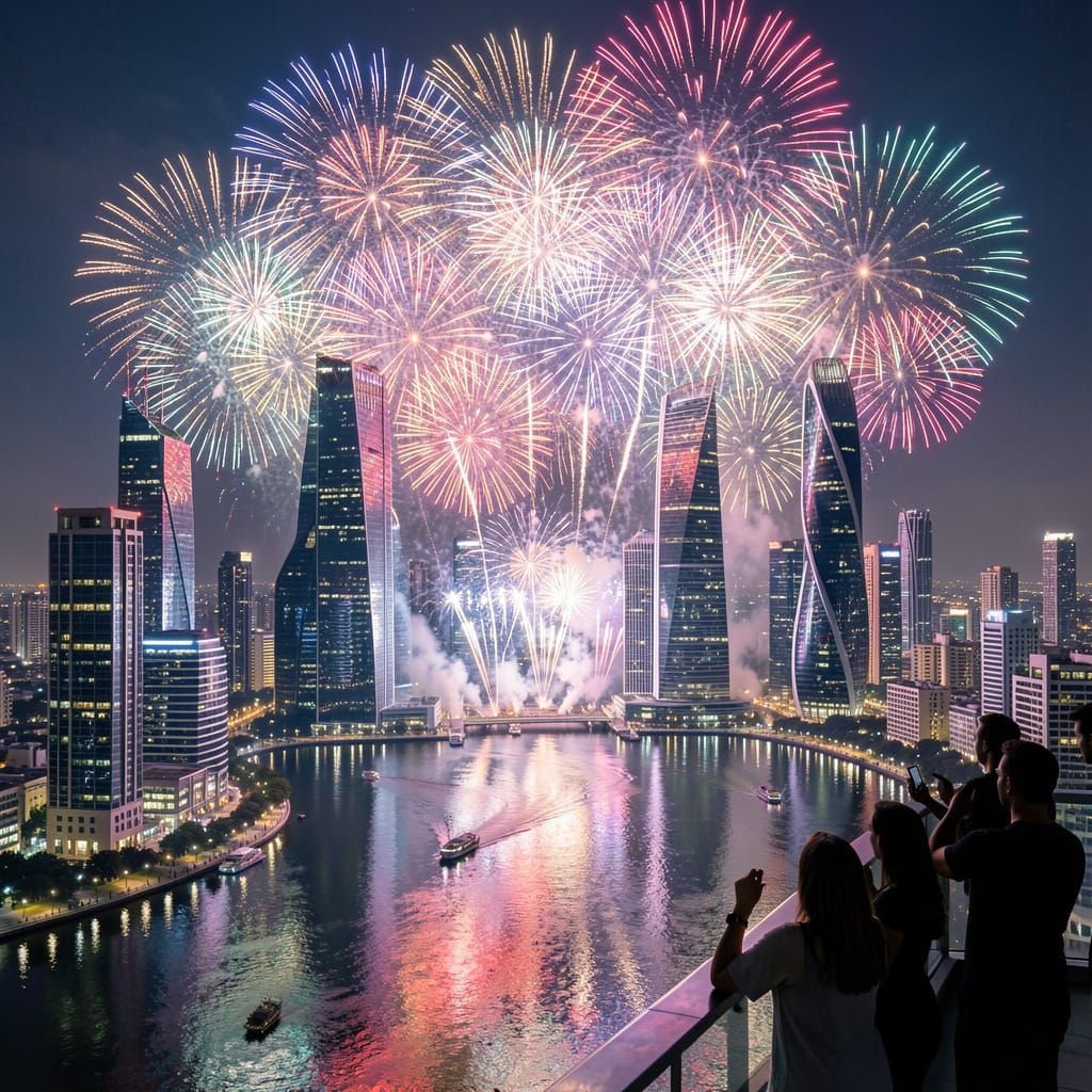 A group of people watch a spectacular fireworks display over a modern city skyline at night, with reflections shimmering on the river below.
