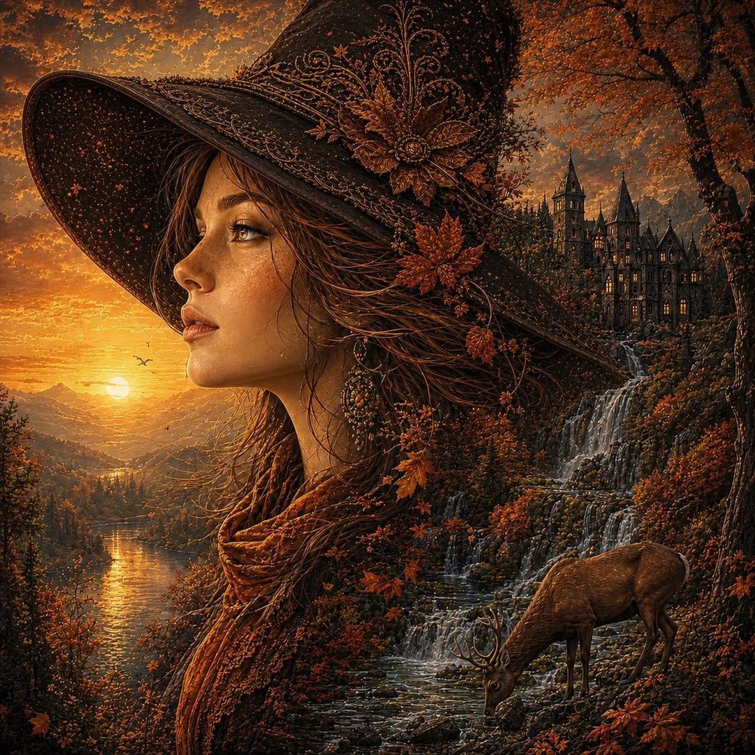A woman in a witch hat looks out over a scenic autumn landscape with a castle and waterfall.