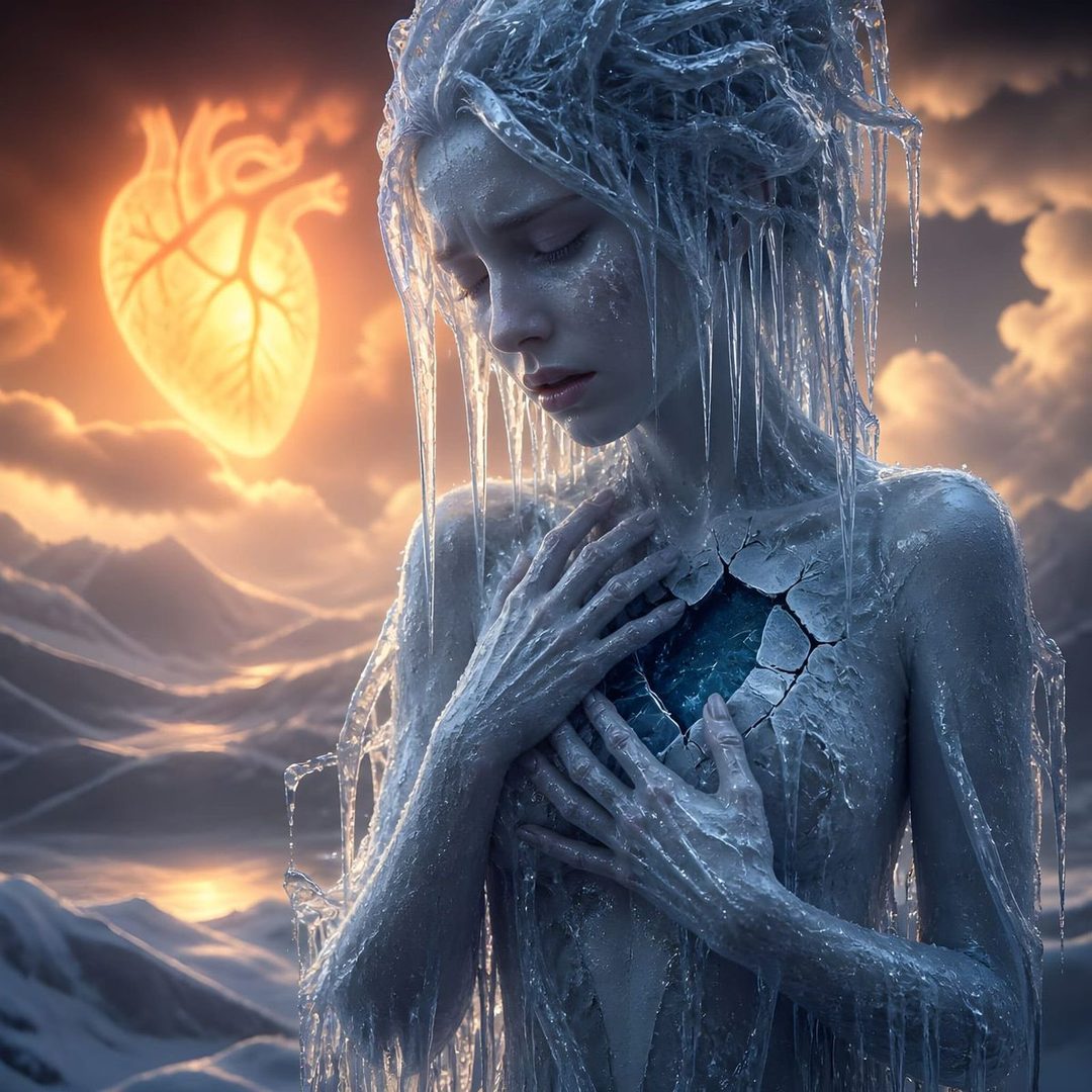 A woman made of ice with a cracked chest revealing a blue gem, standing in a frozen landscape with a glowing heart in the sky.