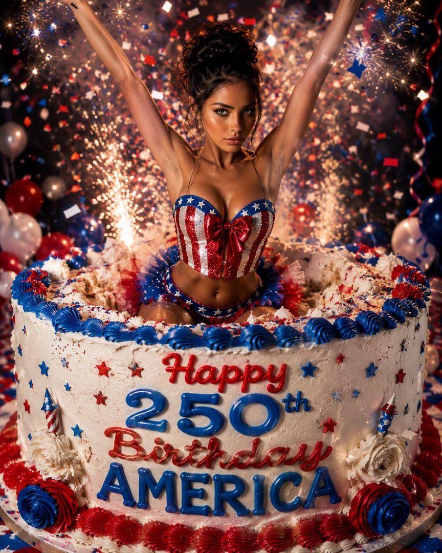 A woman in a patriotic outfit sits in a cake decorated for America's 250th birthday, with fireworks and confetti in the background.