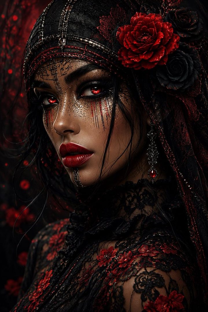 A striking portrait of a woman with dark hair, red eyes, and intricate black and red makeup, adorned with roses and lace.