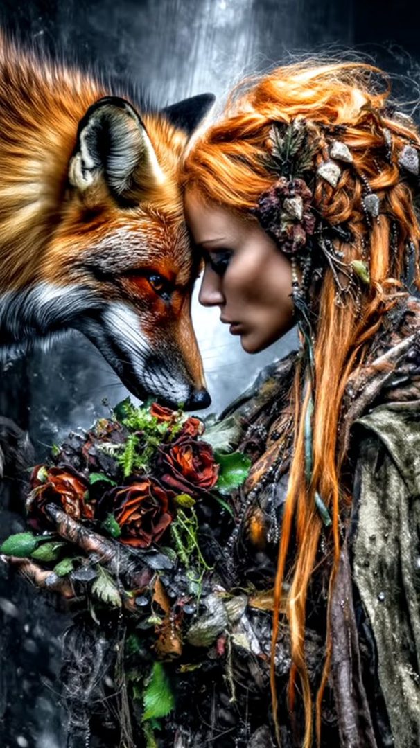 A woman with long red hair adorned with natural elements, tenderly touching foreheads with a fox, holding a bouquet of dark roses.
