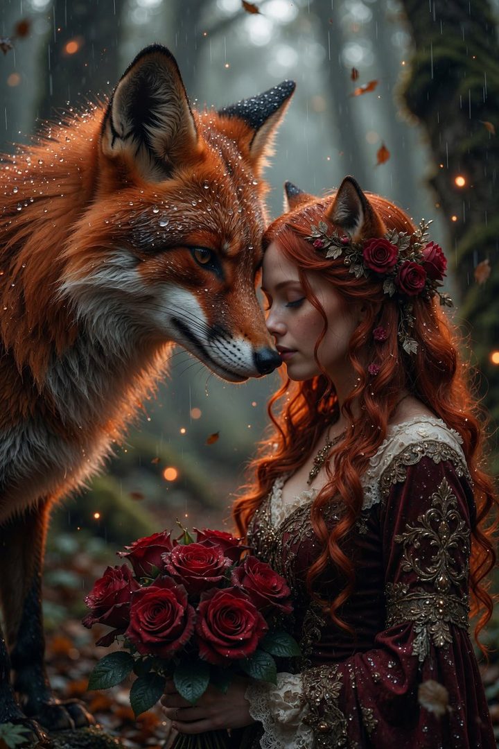 A woman with long red hair and a red dress, adorned with roses, shares a tender moment with a fox in a rainy forest.