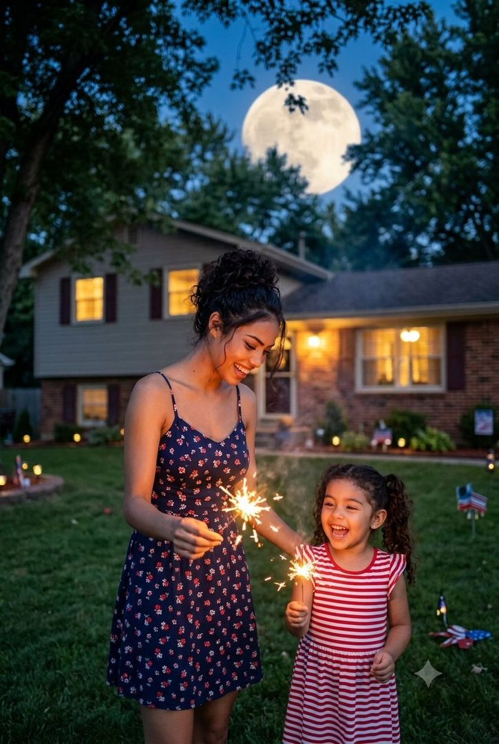 A mother and daughter are celebrating with sparklers in front of their house at night, with a large full moon in the sky.