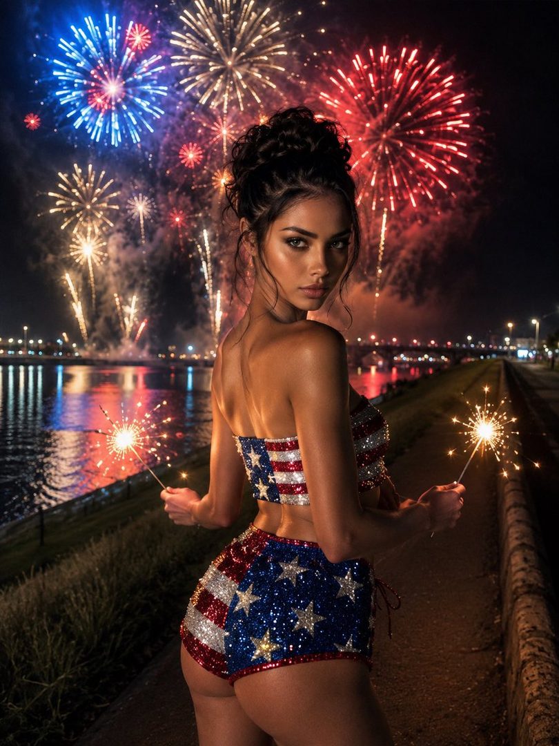 A woman in a sequined American flag-themed top and shorts holds sparklers against a night sky filled with fireworks over a river.
