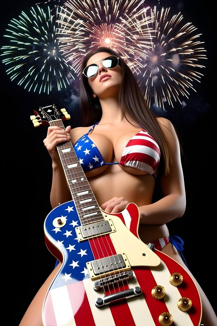 A woman in a patriotic bikini holds a guitar with the American flag design, with fireworks in the background.