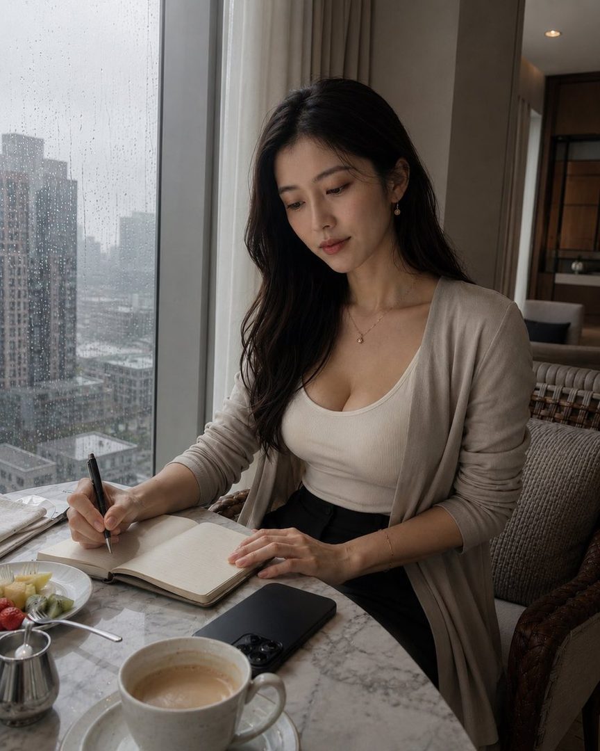 A woman with long dark hair is writing in a notebook at a table with coffee and fruit, looking out a window at a rainy city skyline.