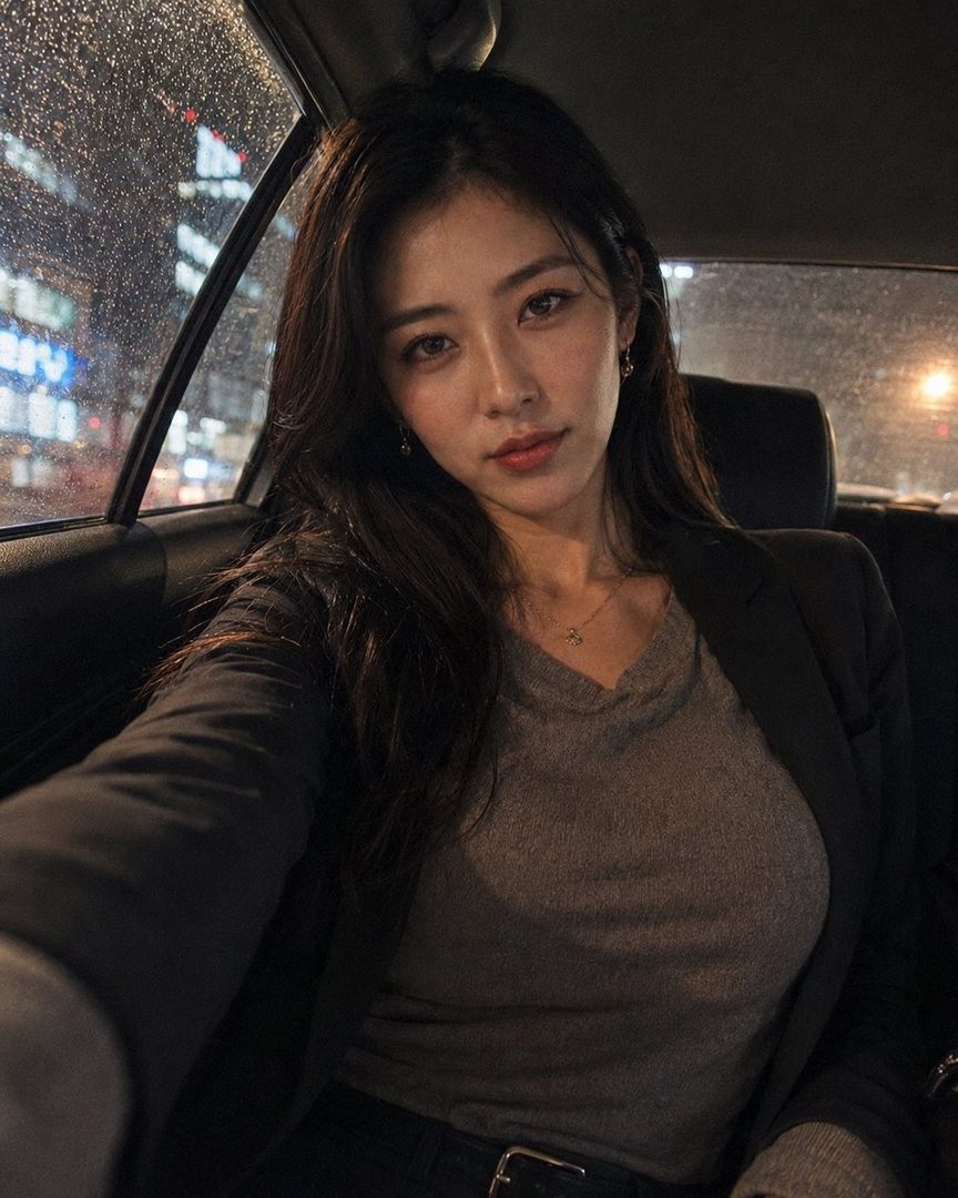 A woman with long dark hair takes a selfie in a car at night, with a rainy city visible outside the window.