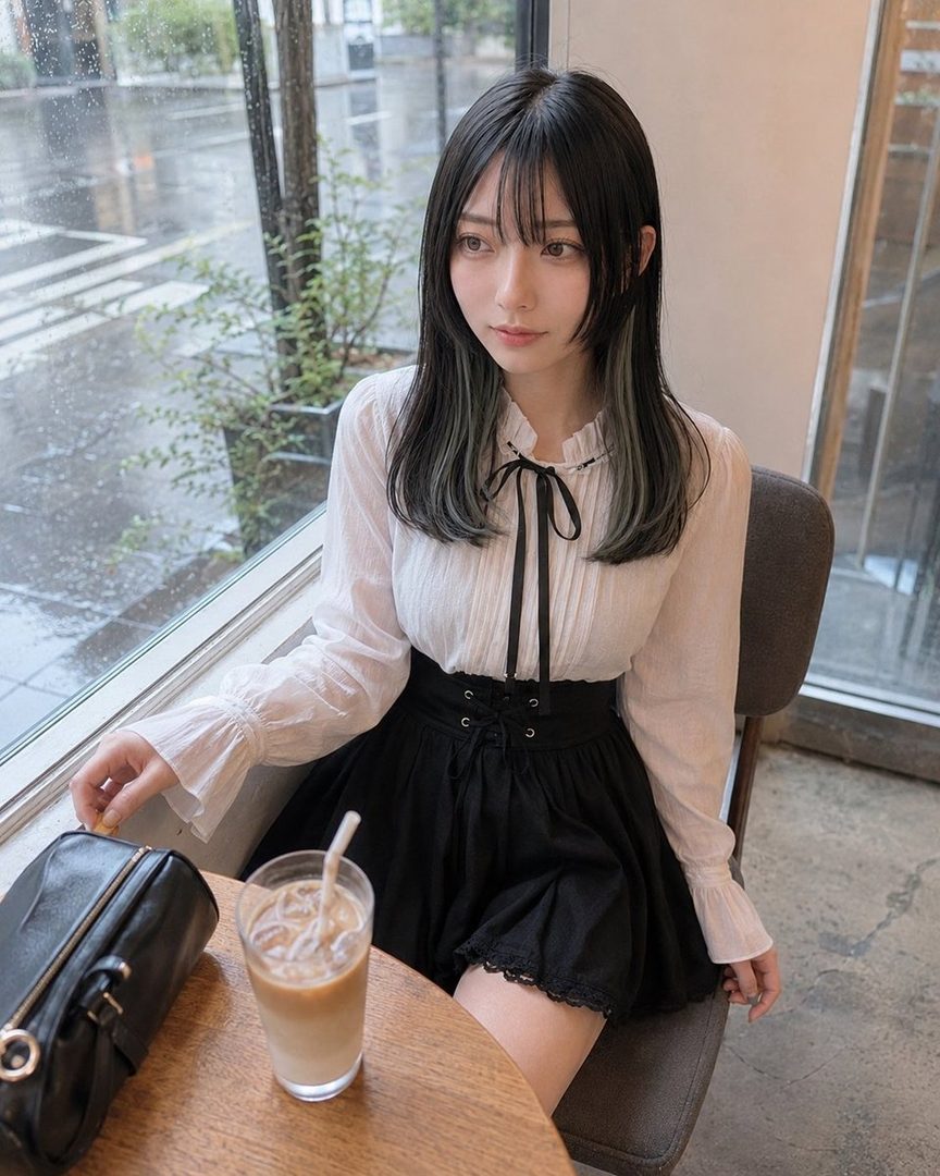 A young woman with black hair and grey streaks sits thoughtfully by a window in a cafe, wearing a white blouse and black skirt, with an iced coffee on the table.