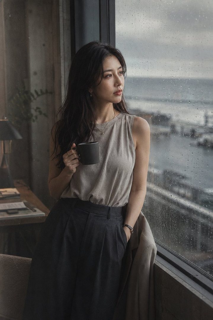 A woman with long dark hair stands by a window on a rainy day, holding a mug and looking out at the city.