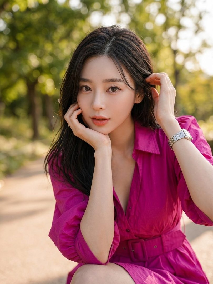 A beautiful woman with long dark hair wearing a pink collared dress and a silver watch, posing outdoors in a park with soft natural lighting.
