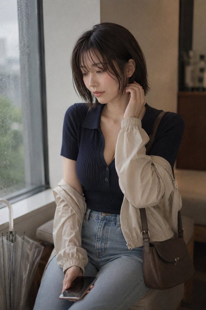 A young woman with short dark hair and bangs, wearing a navy polo shirt, light wash jeans, and a beige jacket, sits by a window on a rainy day, holding a phone and looking down thoughtfully.