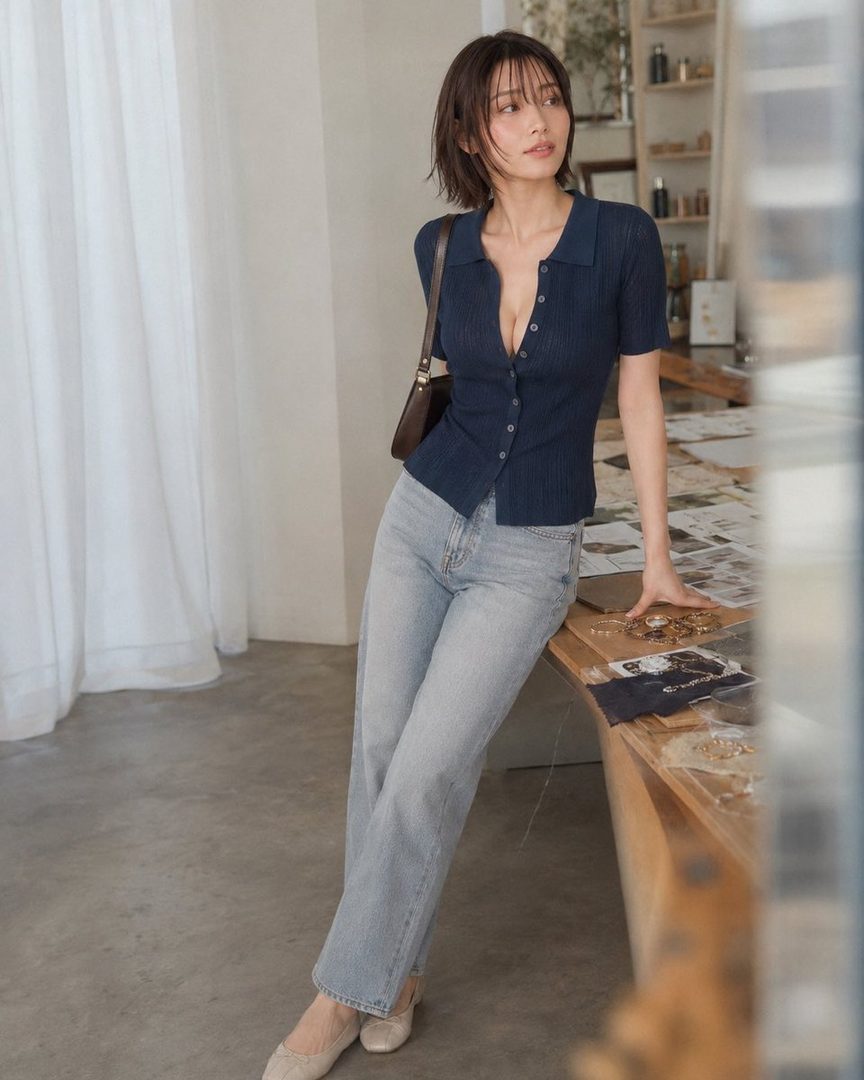 A woman with short brown hair and bangs wears a navy blue collared knit top and light wash jeans, leaning on a wooden counter indoors.