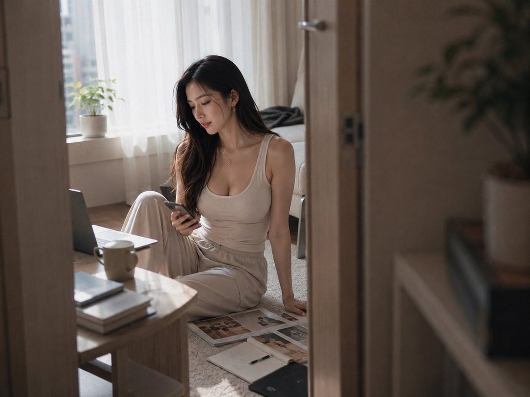 A woman with long dark hair sits on the floor in a cozy room, looking at her phone while a laptop and books are nearby.