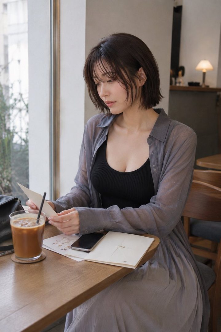 A young woman with short dark hair sits at a cafe table, looking down at a letter while holding an iced coffee.