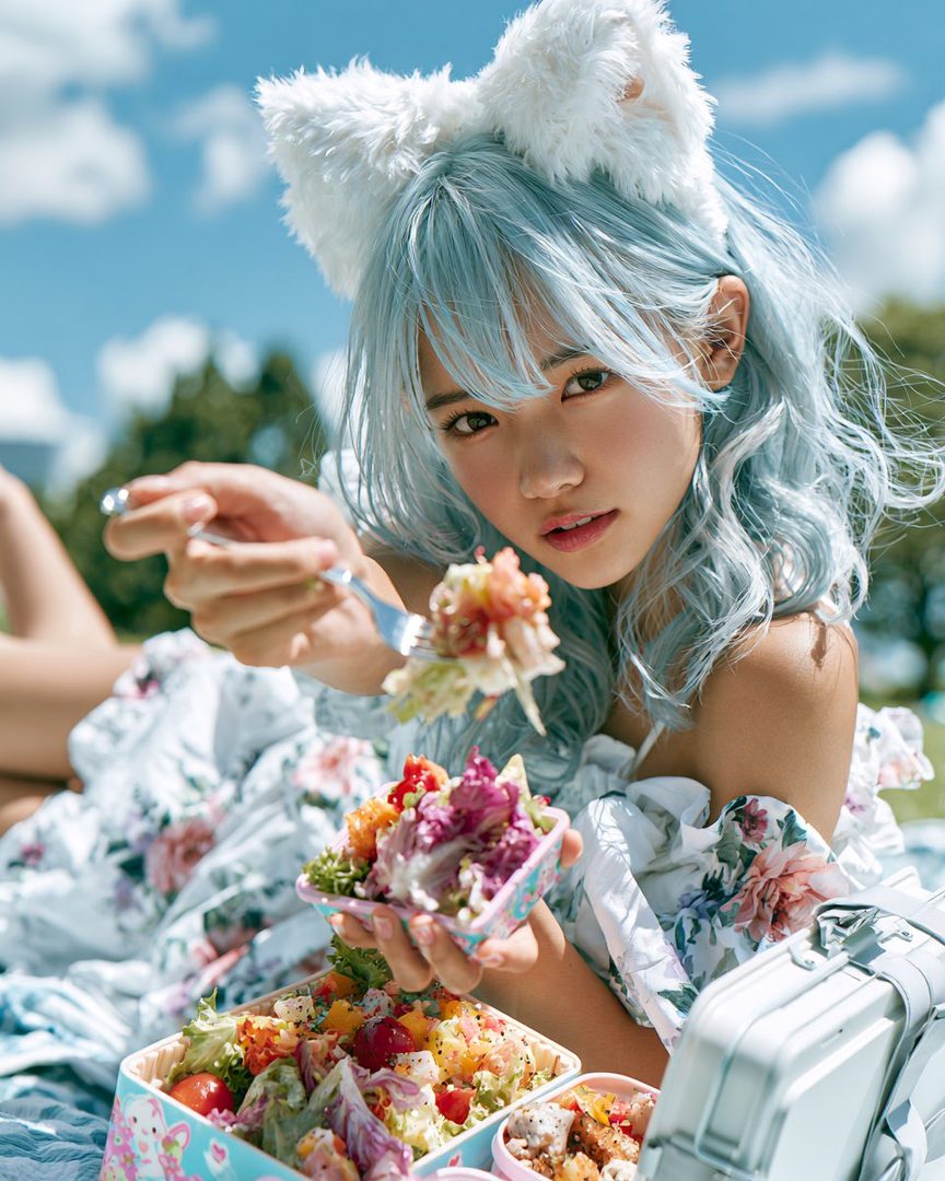 A young woman with light blue hair and cat ears is eating a salad outdoors on a sunny day.