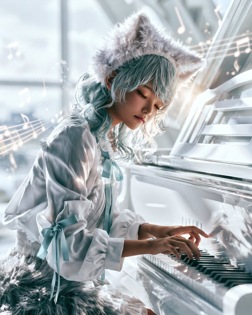 A young woman with light blue hair and cat ears plays a white piano, with musical notes floating around her.