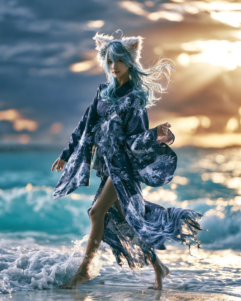 A woman with blue hair and cat ears walks on a beach at sunset, wearing a dark blue yukata with a wave pattern.